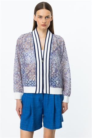 ON FASHION RİBANALI FERMUARLI DESENLİ HIRKA - İNDİGO