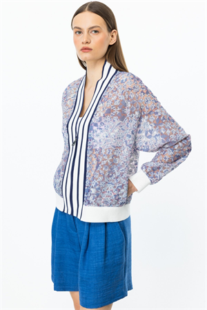 ON FASHION RİBANALI FERMUARLI DESENLİ HIRKA - İNDİGO