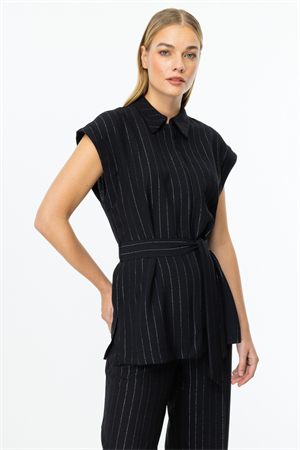 ON FASHION SIFIR KOL BELİ KUŞAKLI ÇİZGİLİ YELEK - SİYAH