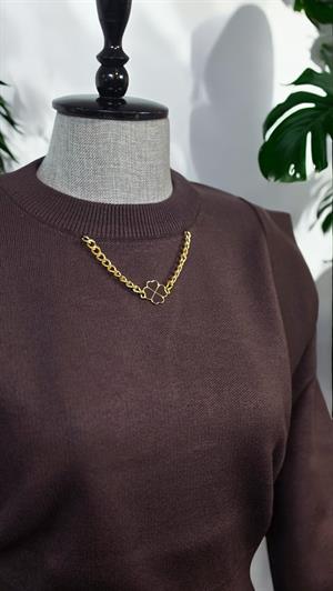 ON FASHION Sıfır Yaka Kısa Kazak - Kahve