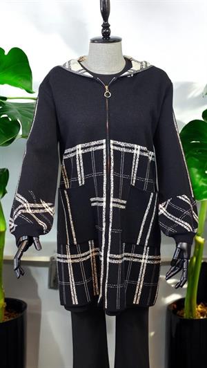 ON FASHION Uzun Kapişonlu Göğsü Kareli Hırka - Siyah