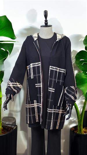 ON FASHION Uzun Kapişonlu Göğsü Kareli Hırka - Siyah