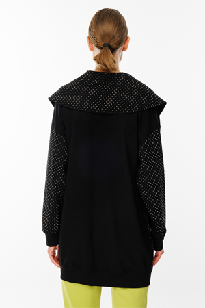 ON FASHION Uzun Yakası Bütün Taşlı Sweat Hırka - Siyah