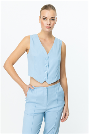 ON FASHION V YAKA DÜĞMELİ YELEK - MAVİ