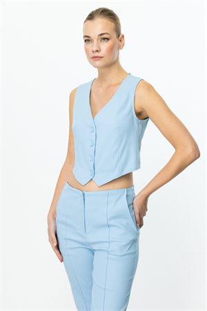 ON FASHION V YAKA DÜĞMELİ YELEK - MAVİ