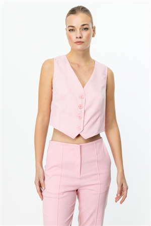 ON FASHION V YAKA DÜĞMELİ YELEK - PEMBE