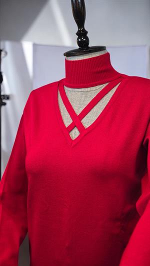 ON FASHION YAKASI ÇAPRAZ DETAYLI KAZAK - KIRMIZI