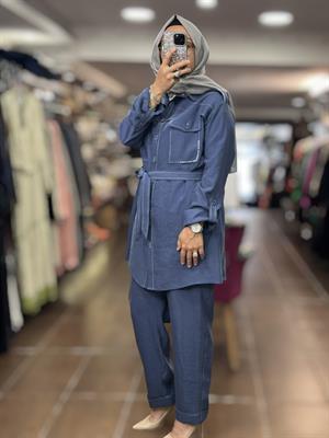 PUREVA MODAL TUNİK & TENCEL YELEK PANTOLON TAKIM - İNDİGO