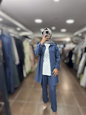 PUREVA MODAL TUNİK & TENCEL YELEK PANTOLON TAKIM - İNDİGO