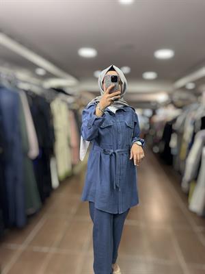 PUREVA MODAL TUNİK & TENCEL YELEK PANTOLON TAKIM - İNDİGO