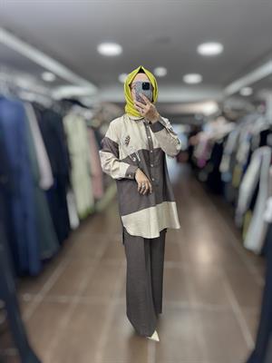 PUREVA TENCEL TUNİK PANTOLON TAKIM - BEJ/ÇİKOLATA