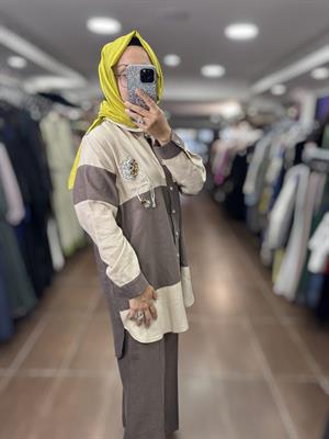 PUREVA TENCEL TUNİK PANTOLON TAKIM - BEJ/ÇİKOLATA