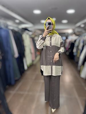 PUREVA TENCEL TUNİK PANTOLON TAKIM - BEJ/ÇİKOLATA