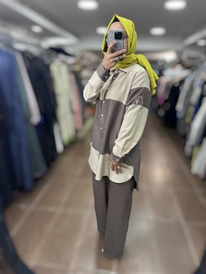 PUREVA TENCEL TUNİK PANTOLON TAKIM - BEJ/ÇİKOLATA