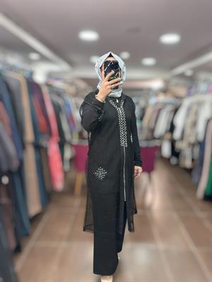 SİM FİLE YELEKLİ ÜÇLÜ TAKIM / TUNİK - YELEK - PANTOLON Siyah