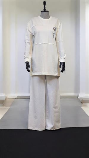 Taş Şeritli Sweat - Ekru
