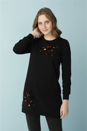 YAZLIK İKİ İPLİK İŞLEMELİ TUNİK - SİYAH