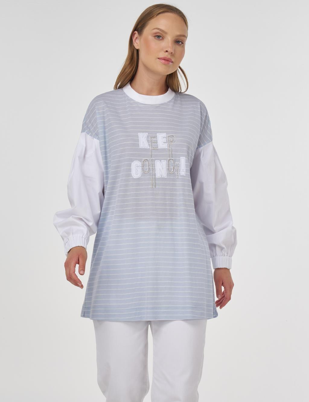 KAYRA KA-B25-11014 Sloganlı Çizgi Desen Tunik - Açık Mavi