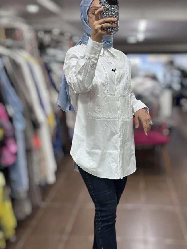 Kayra KA-B25-21042 Çiçek Brodeli Pamuklu Tunik - Ekru