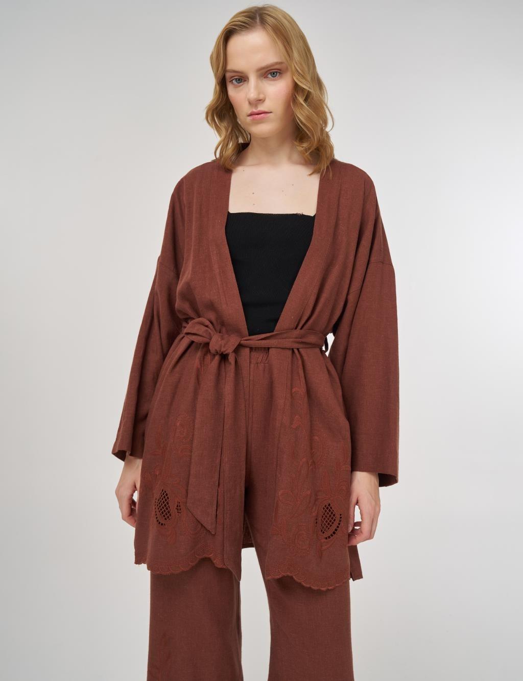 KAYRA KY-B25-76030 Nakış Aplikeli Keten Viskon Kimono Takım - Kahve