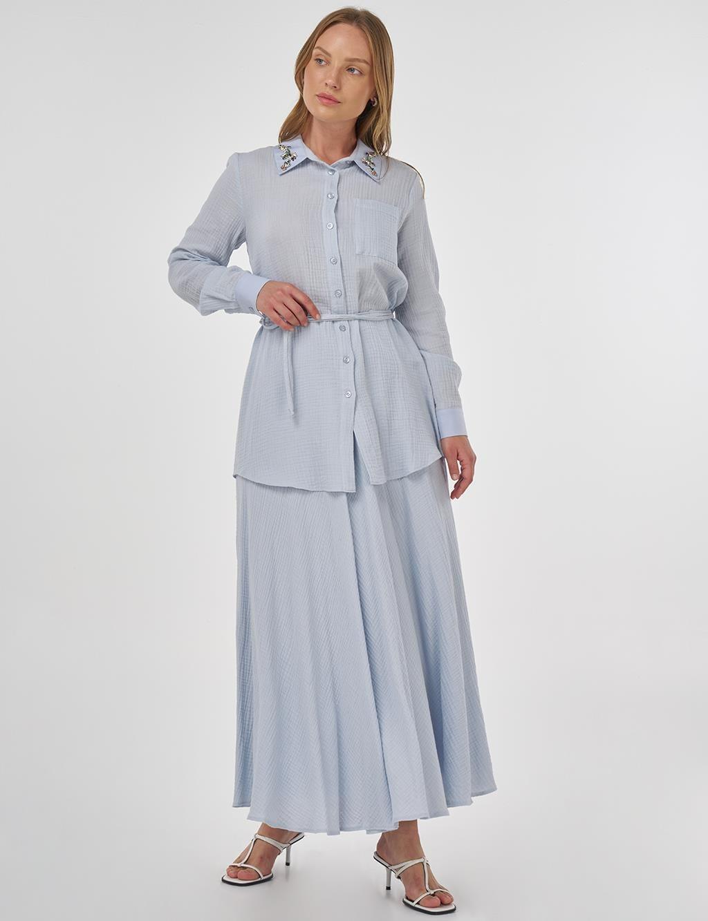 kayra KY-B25-81062 Yakası Taş İşlemeli Müslin Tunik - Mavi