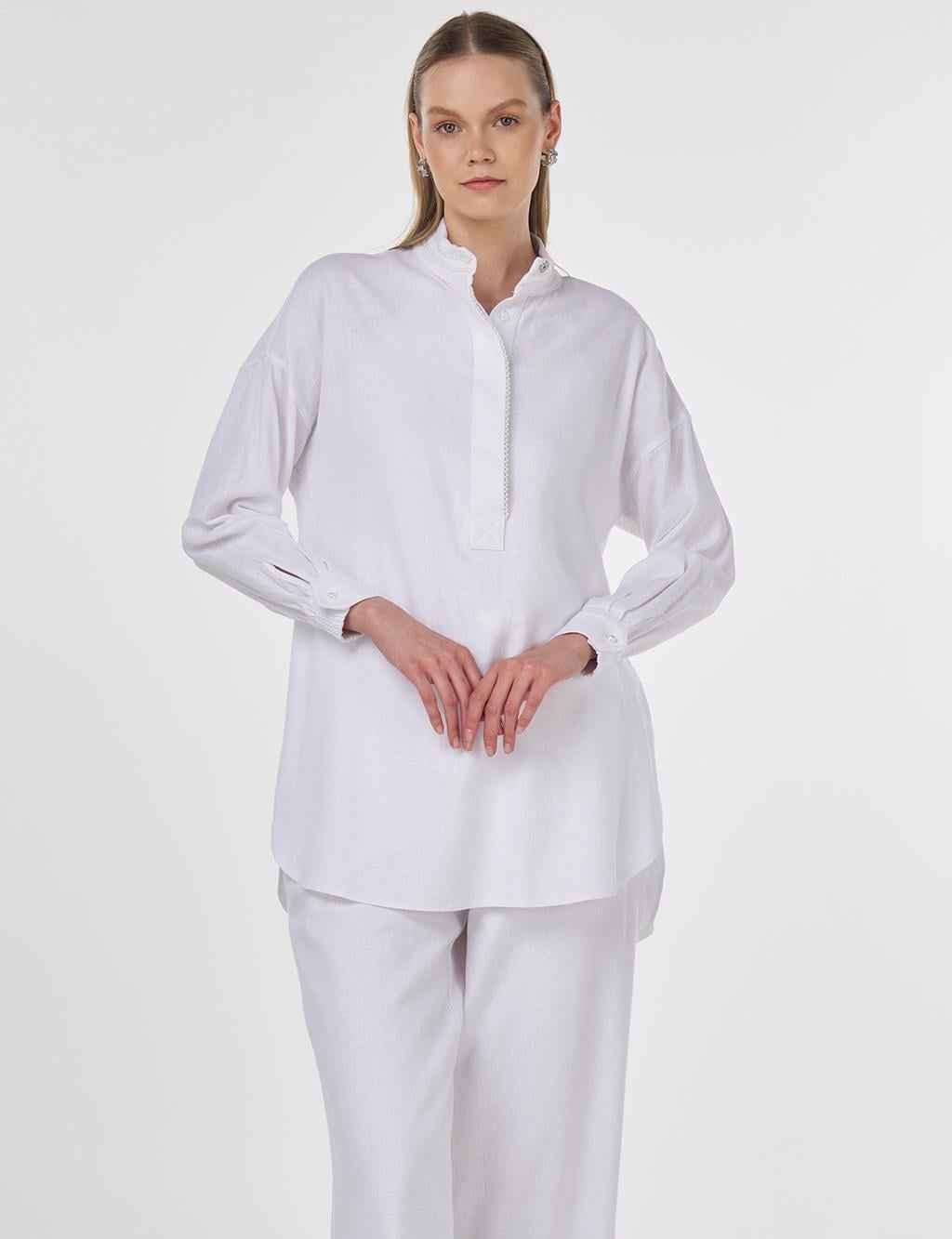 KAYRA KY-B25-81089 İnci İşlemeli Viskon Keten Tunik - Optik Beyaz