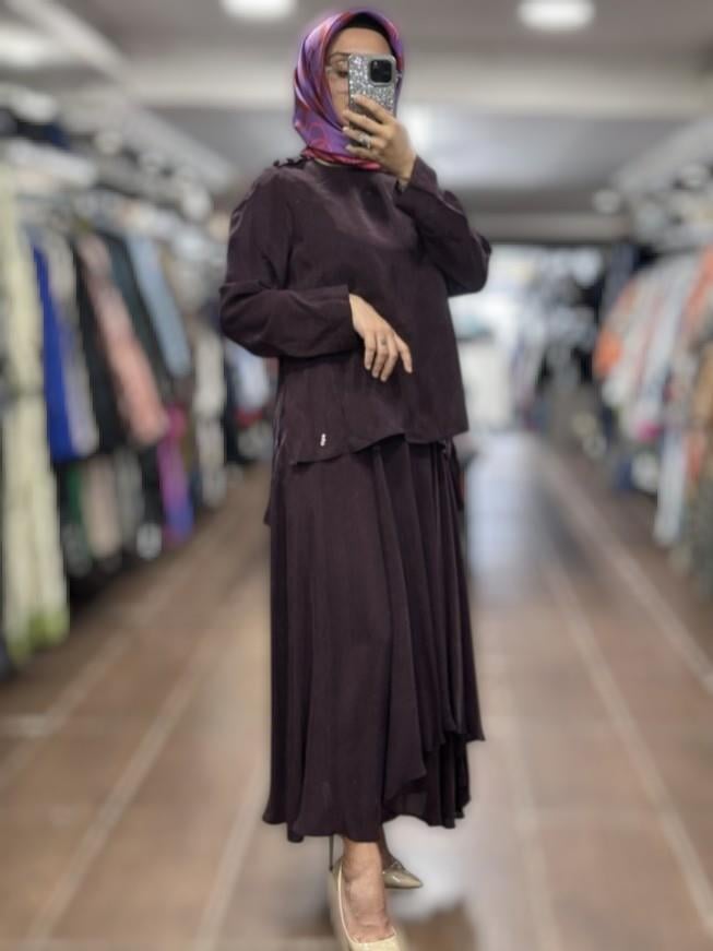 miss dalida T25Y-6067 Yuvarlak Yaka Düğme Detaylı Cupro Tunik-oubergine