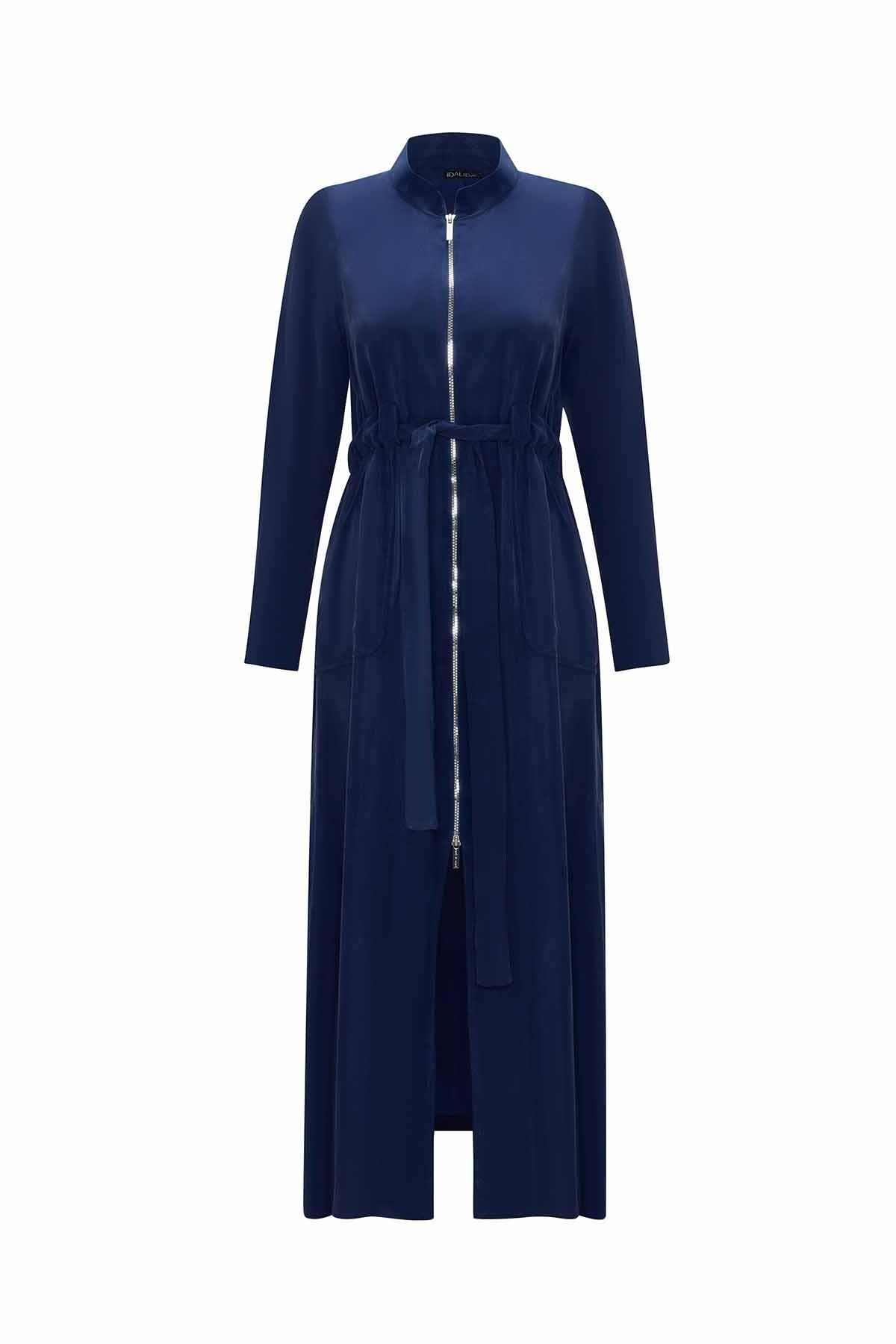 Miss Dalida T25Y-8006 Cebi Kapitoneli Uzun Cupro Ceket - Navy Blue