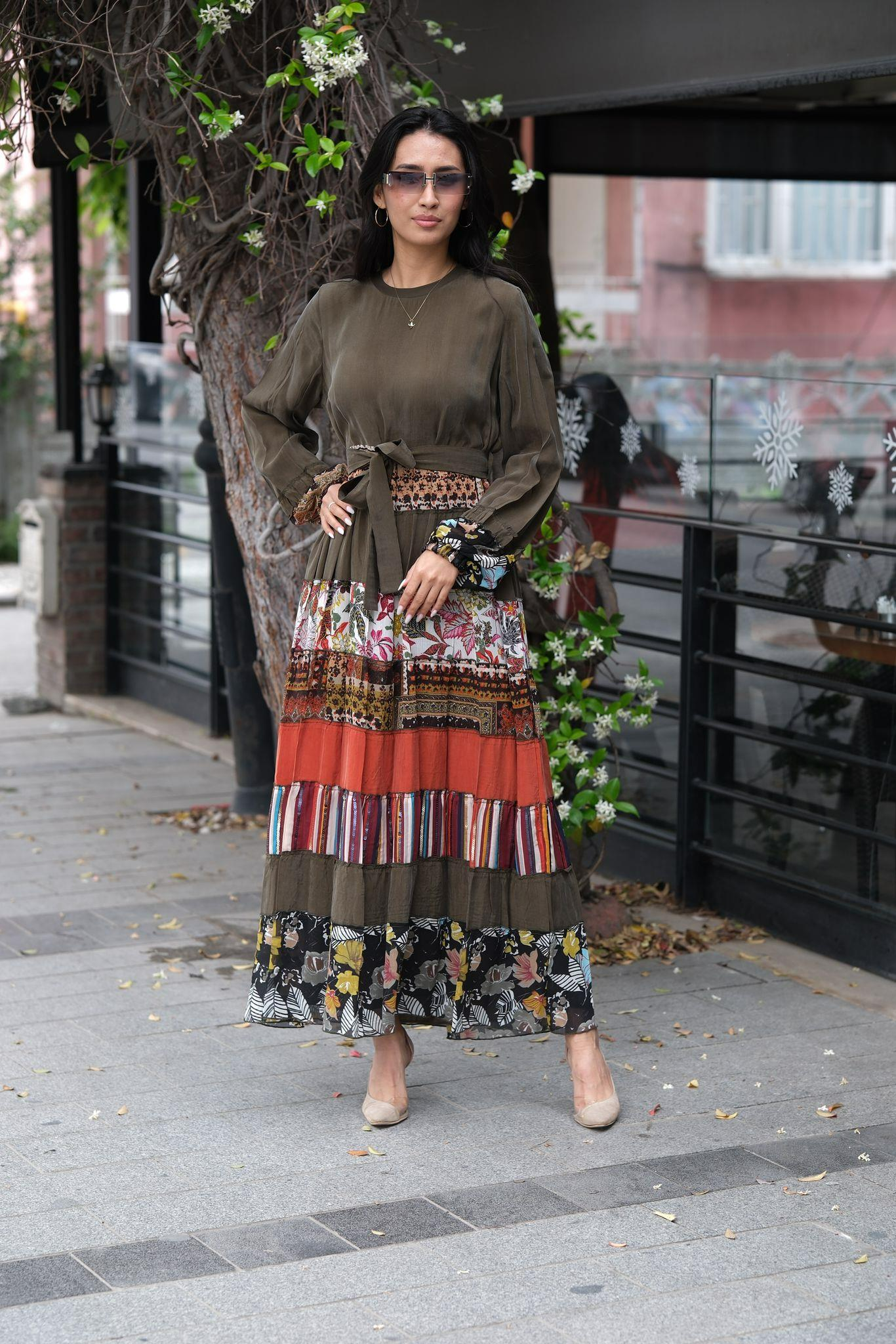 MissWhence 35813 Patchwork İpek Elbise-Haki