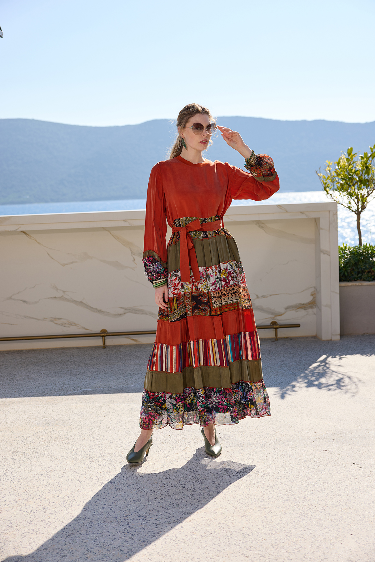 MissWhence 35813 Patchwork İpek Elbise-Oranj