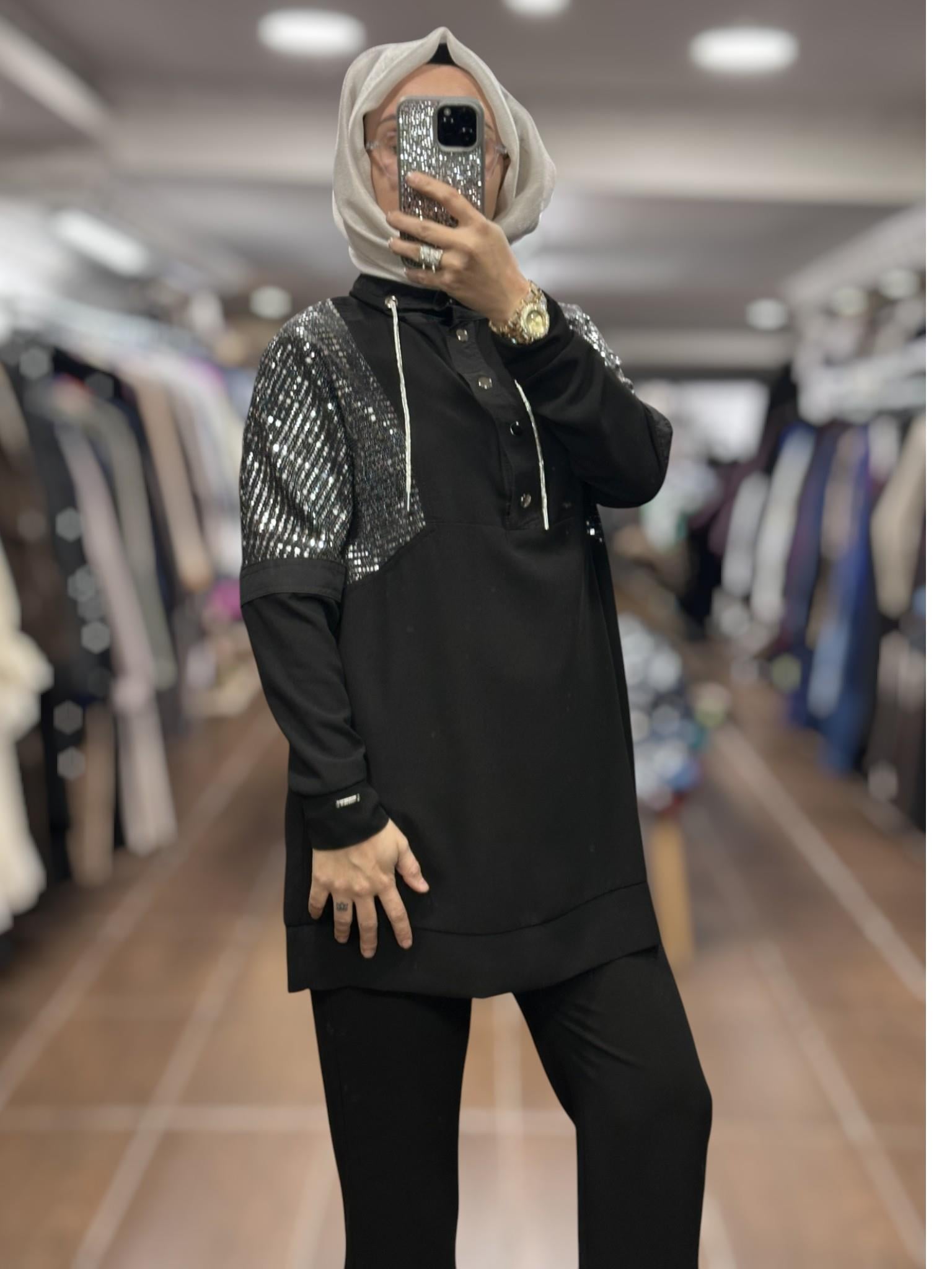 Moodbasic MB24.517 TAŞLI KORDONLU KREP TAKIM - SİYAH