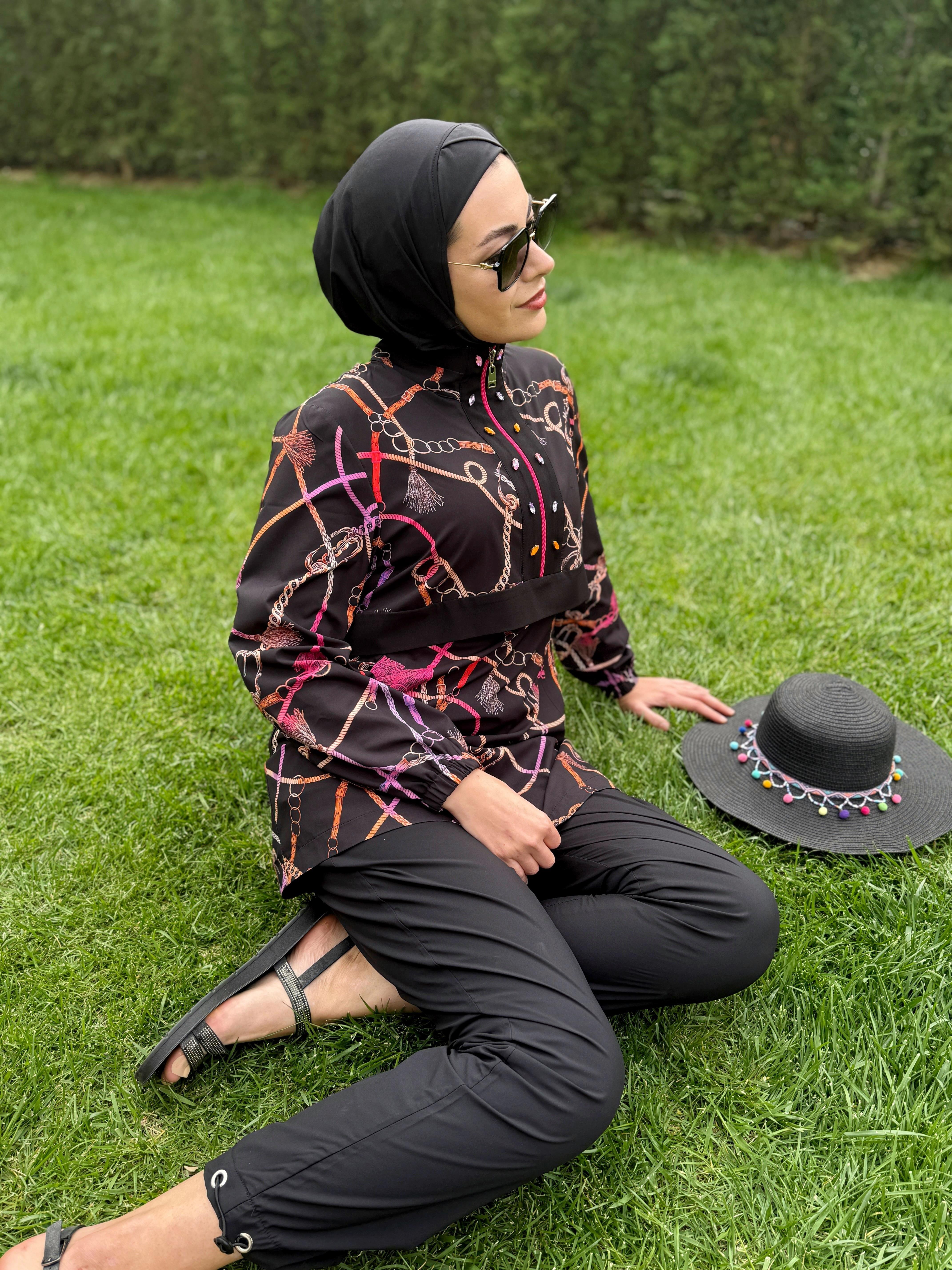 Moodbasic PÜSKÜL ZİNCİR DESENLİ TESETTÜR MAYO - SİYAH