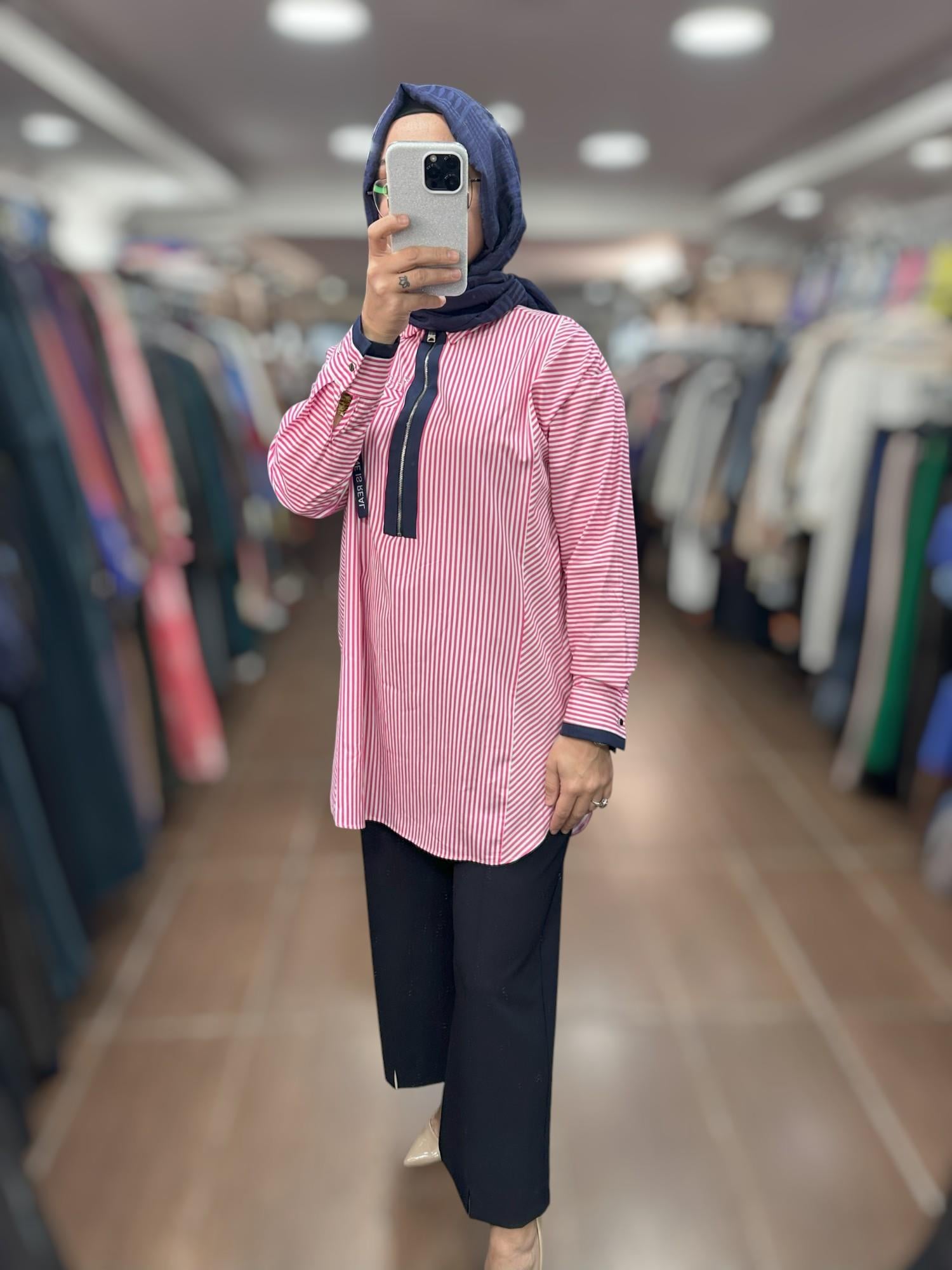 MOODBASIC RENKLİ GARNİLİ ÇİZGİLİ GÖMLEK - FUŞYA