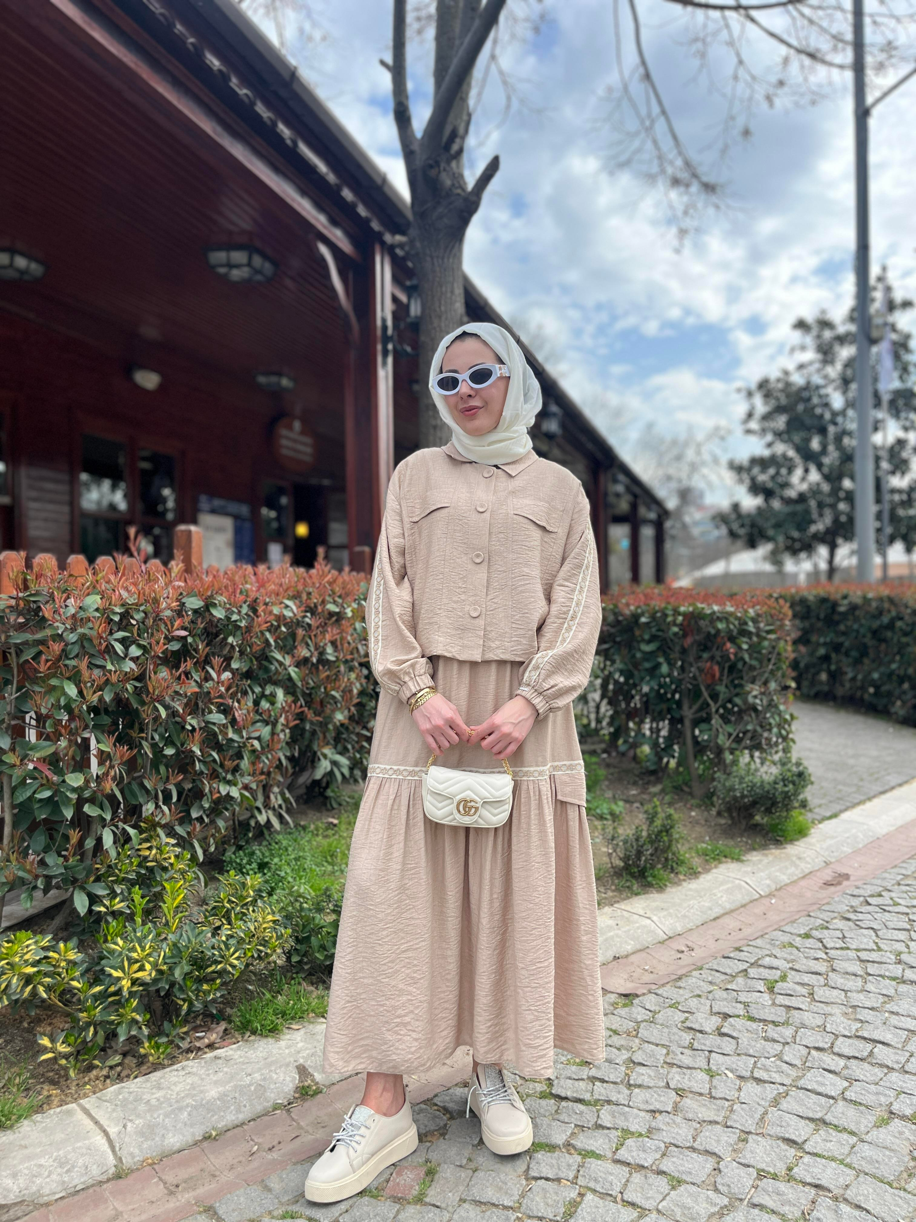 MOODBASIC ŞERİT DETAYLI KETEN TAKIM - BEJ