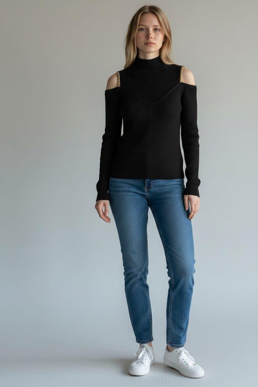 ON FASHION 26K.ON.KZK.60398.01 OMUZLARI AÇIK ZİNCİRLİ DİK YAKA KAZAK - SİYAH