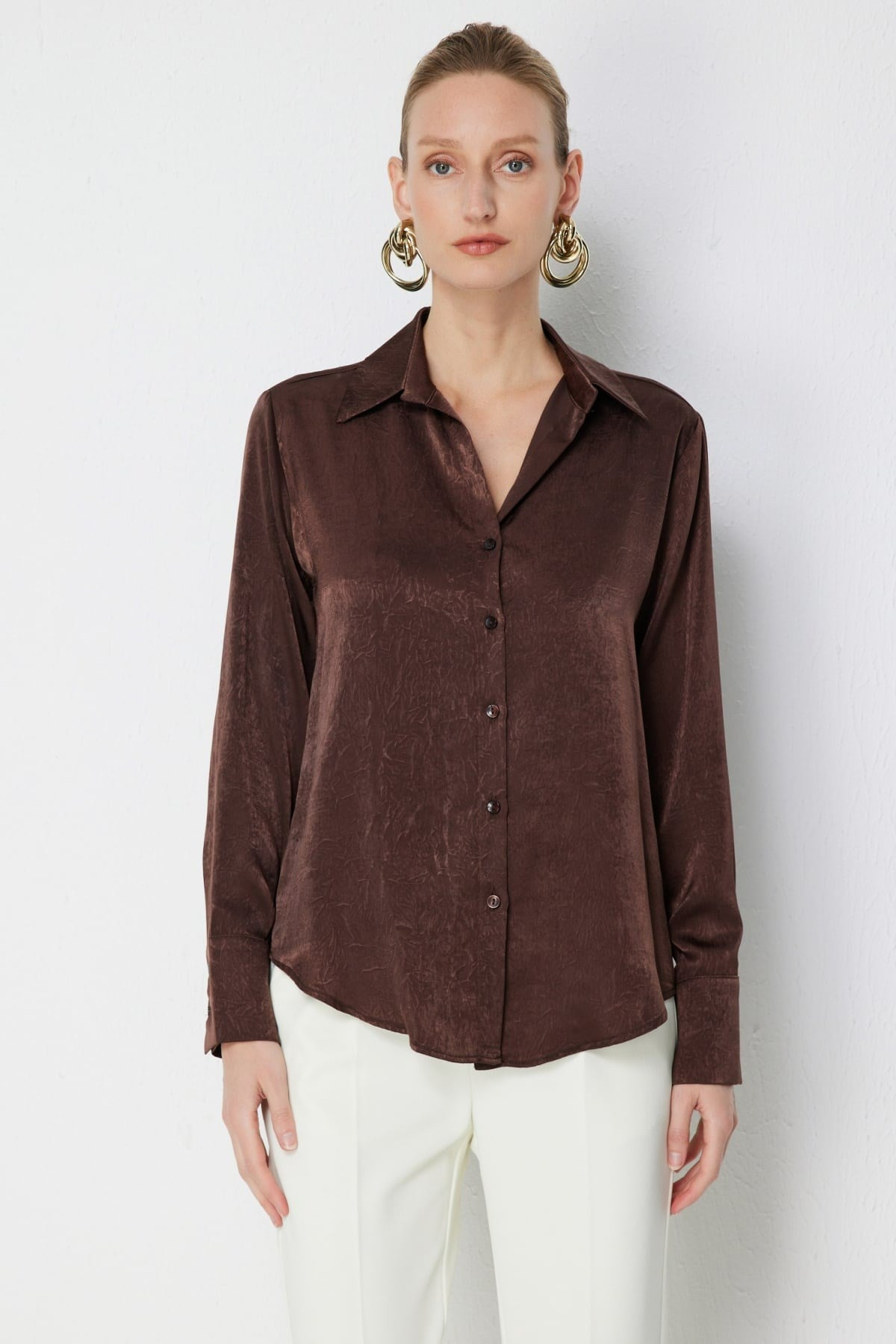 ON FASHION 26Y.ON.GML.74326.01 SATEN UZUN KOL GÖMLEK - KAHVE