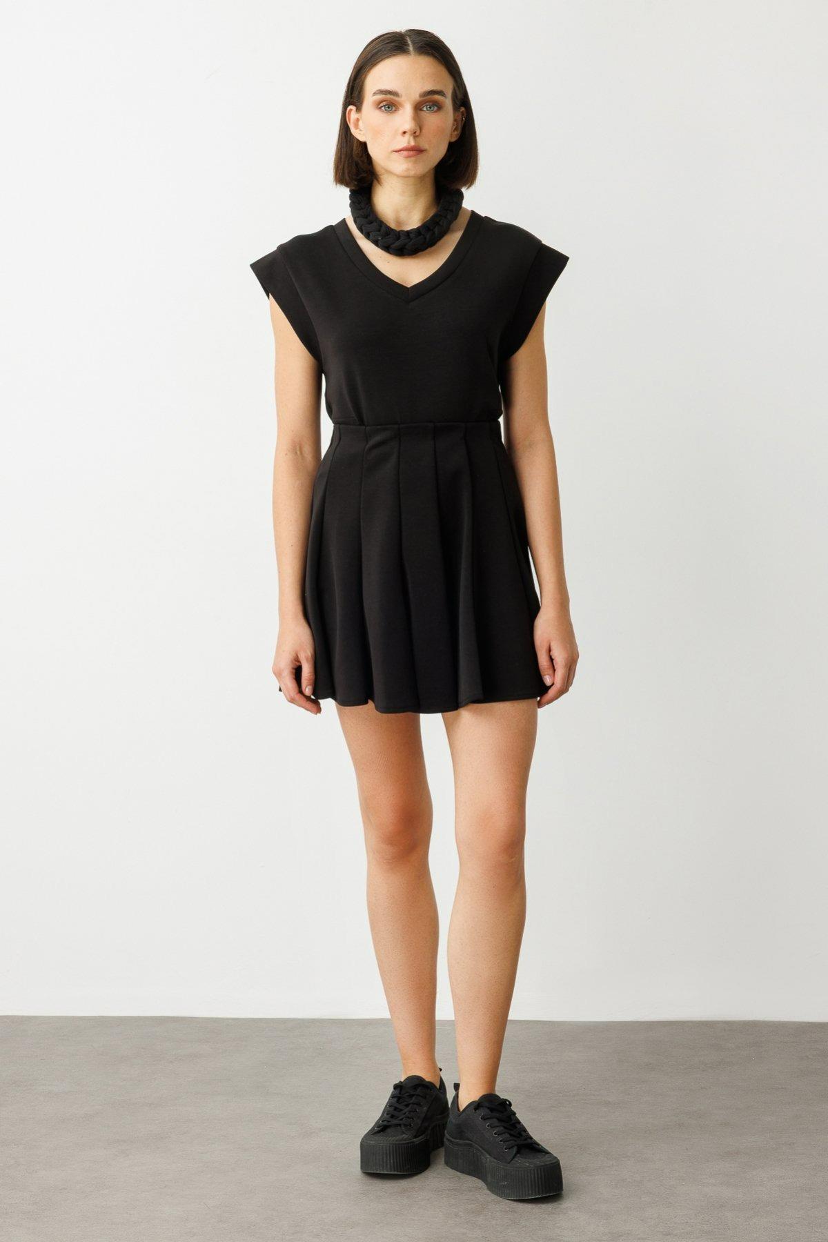 ON FASHION 54234 DİKİŞLİ PİLELİ ETEK - SİYAH