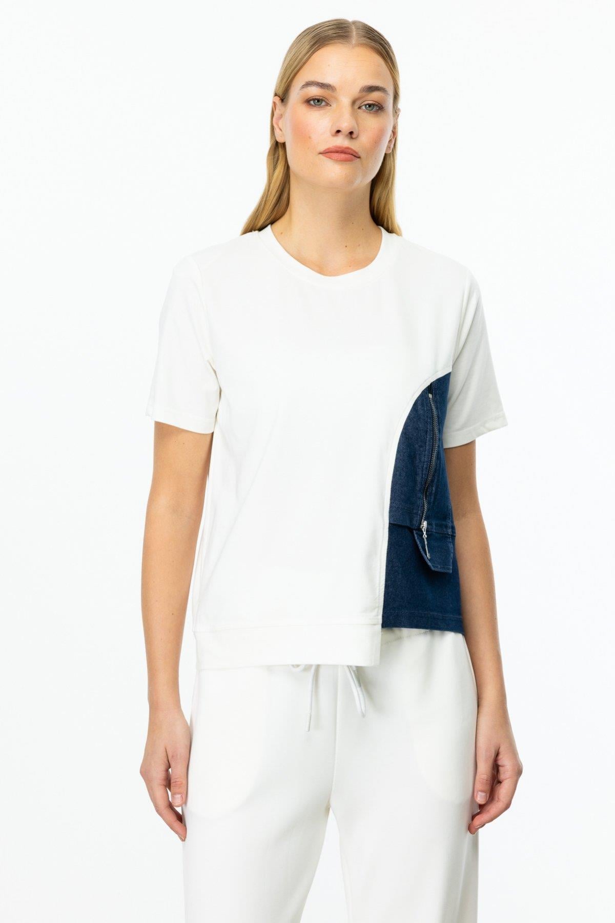 ON FASHION ASİMETRİK KESİM DENİM DETAYLI KISA KOL BLUZ - EKRU