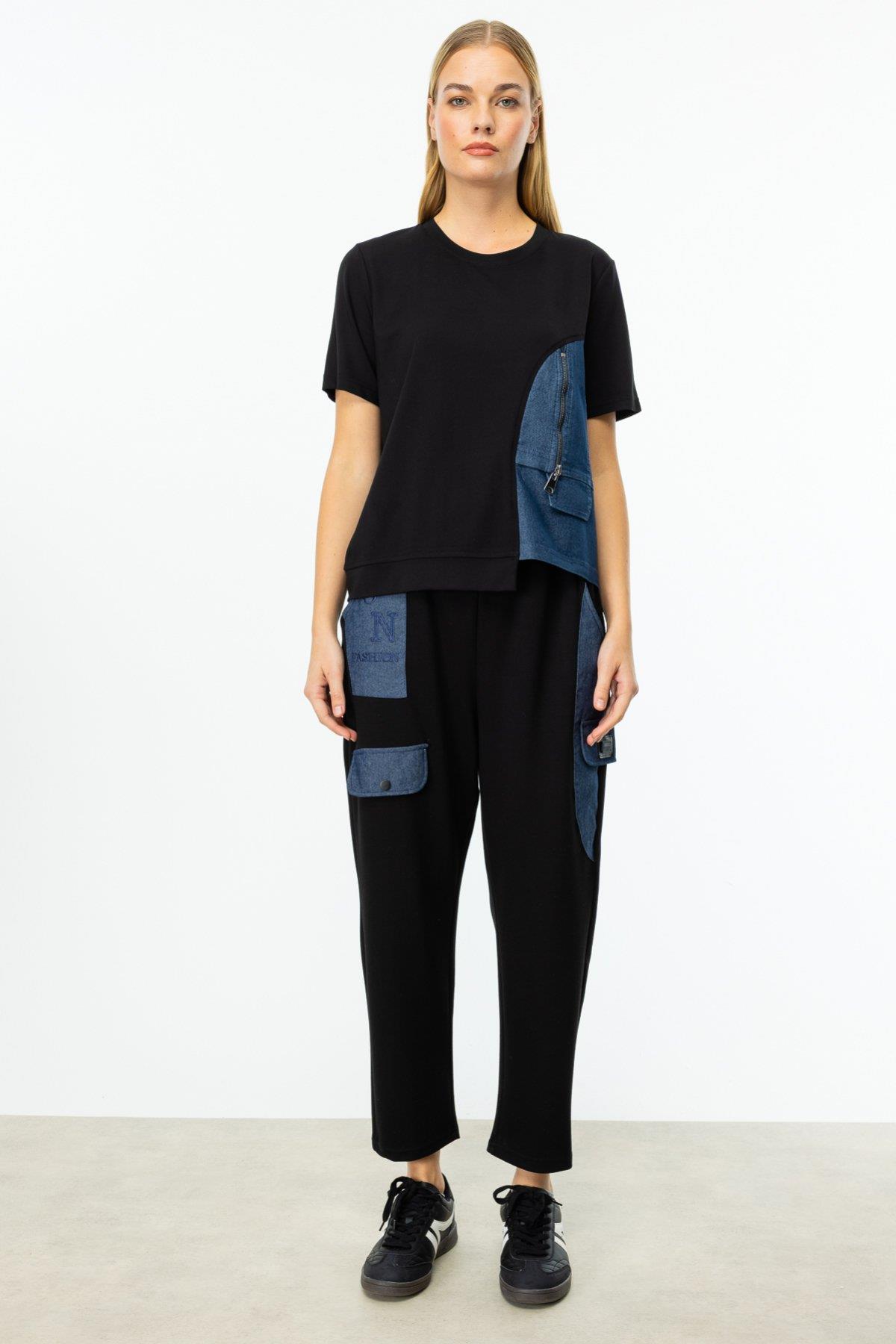 ON FASHION ASİMETRİK KESİM DENİM DETAYLI KISA KOL BLUZ - SİYAH