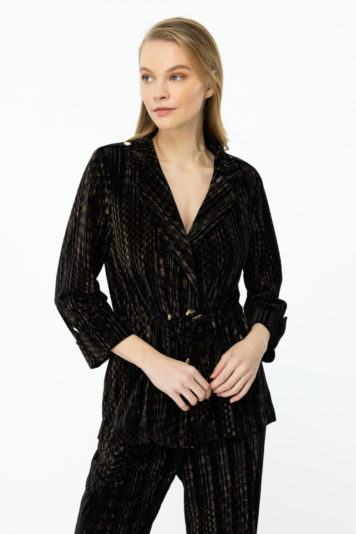 ON FASHION KADİFE KUMAŞ BELİ BAĞCIKLI CEKET - KAHVE