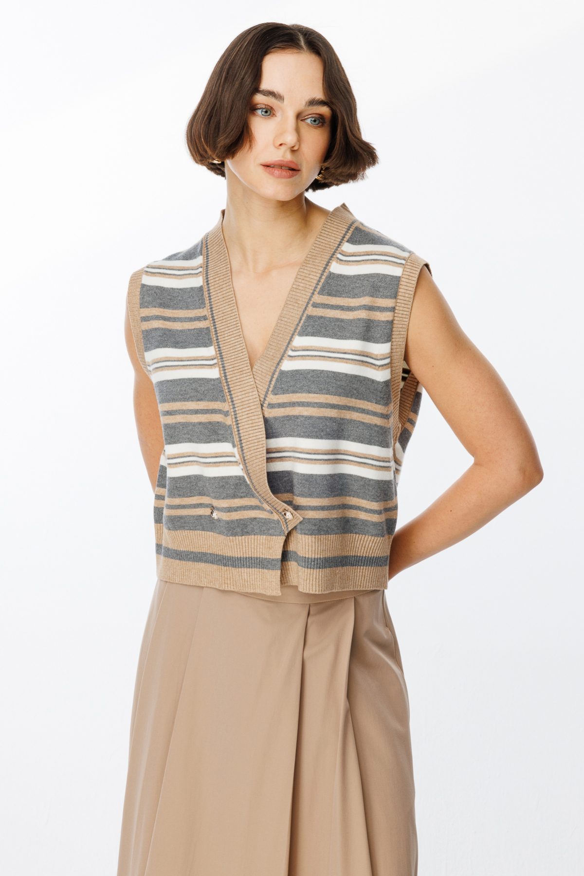ON FASHION KRUVAZE ÇİZGİLİ SÜVETER - BEJ