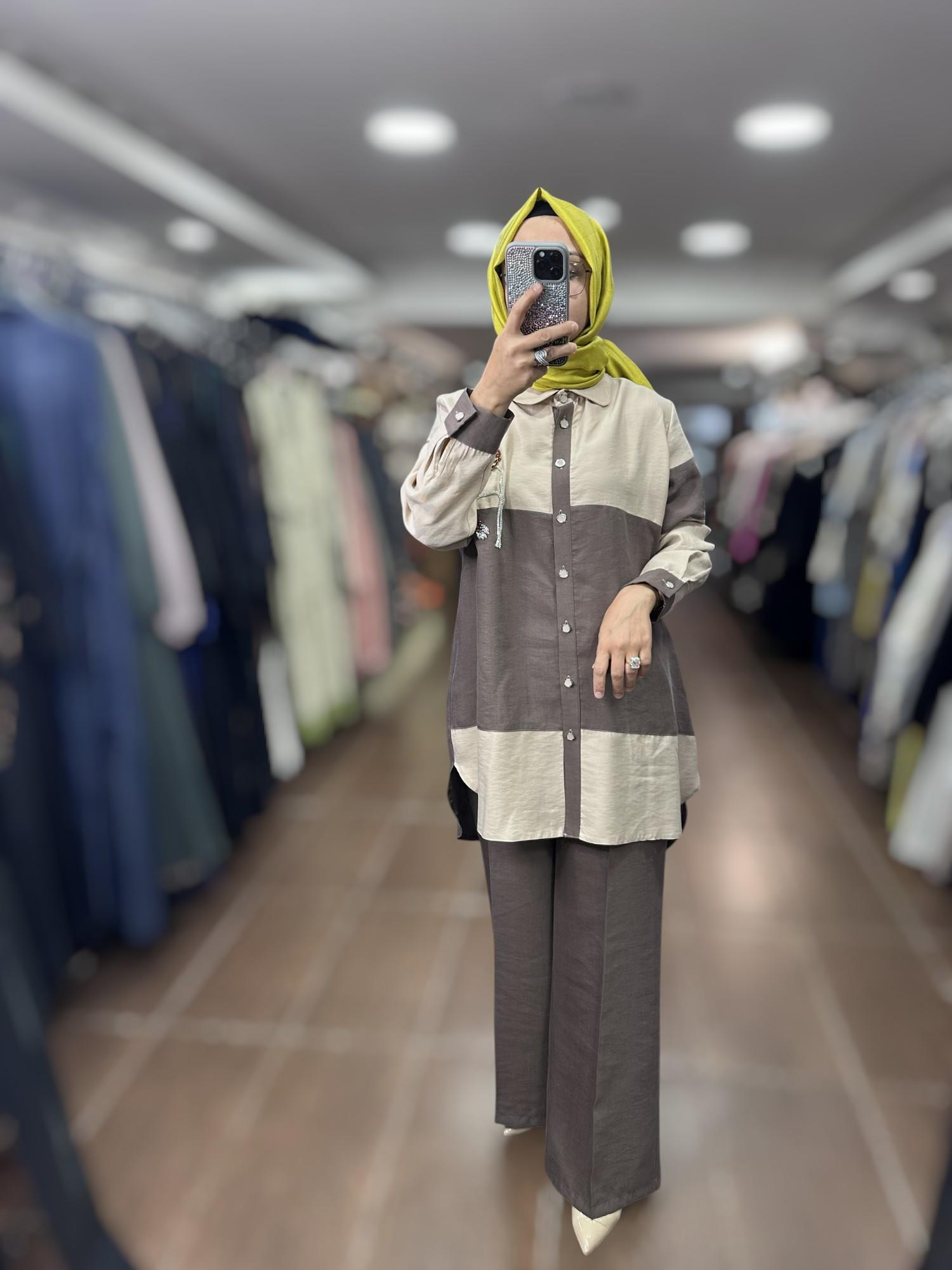 PUREVA TENCEL TUNİK PANTOLON TAKIM - BEJ/ÇİKOLATA