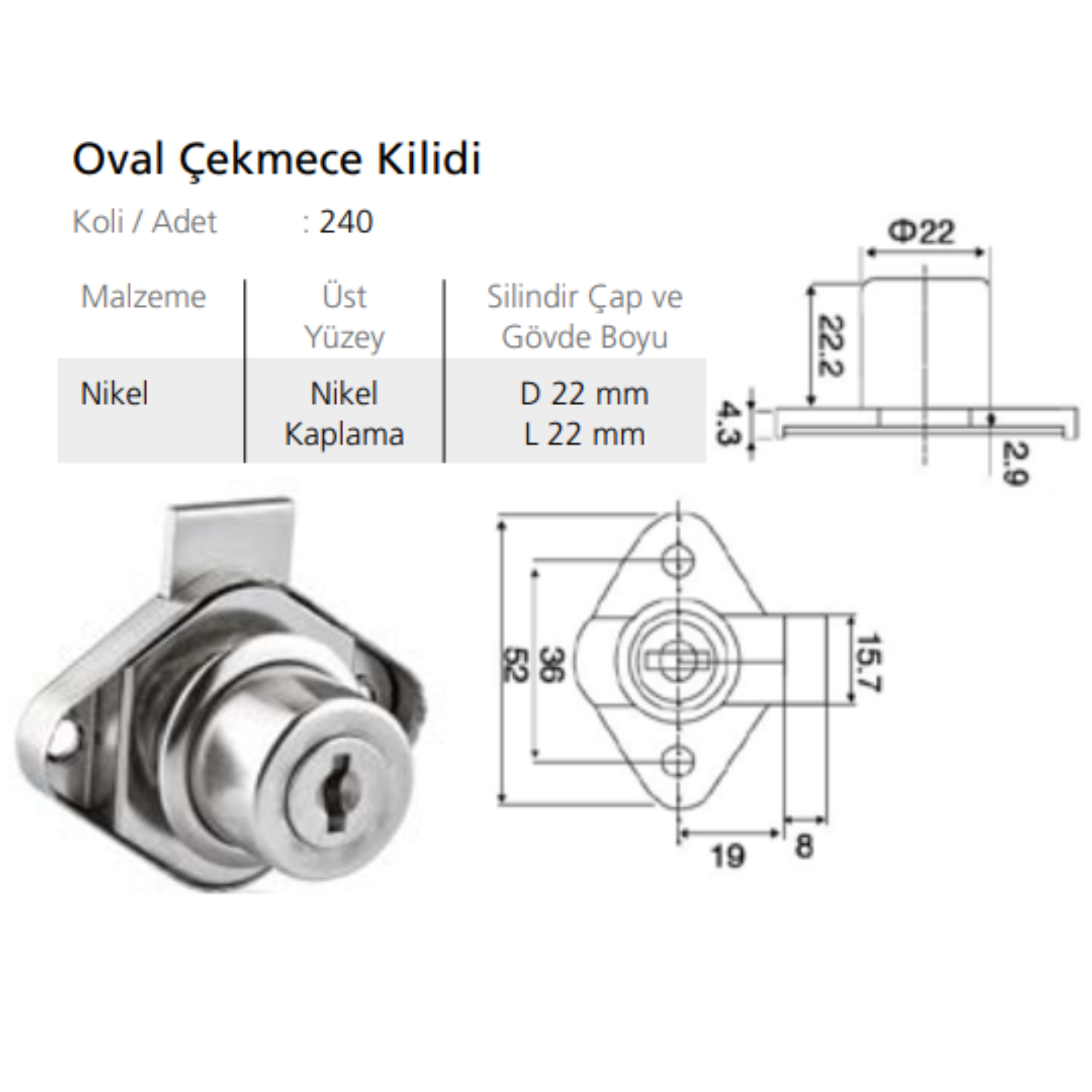 CANEX OVAL TİP ÇEKMECE KİLİDİ NİKEL
