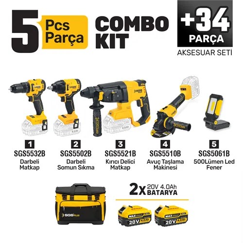 COMBO SET 5 PARÇA (Darbeli Matkap/Kırıcı-Delici Matkap/Avuç Taslama Makinesi/Darbeli Somun Sıkma/Led Fener)