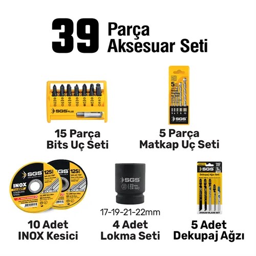 COMBO SET 7 PARÇA (Darbeli Matkap/Kırıcı-Delici Matkap/Darbeli Somun Sıkma/Avuç Taslama Makinesi/Sunta Kesme/Dekupaj Testere/Led Fener)