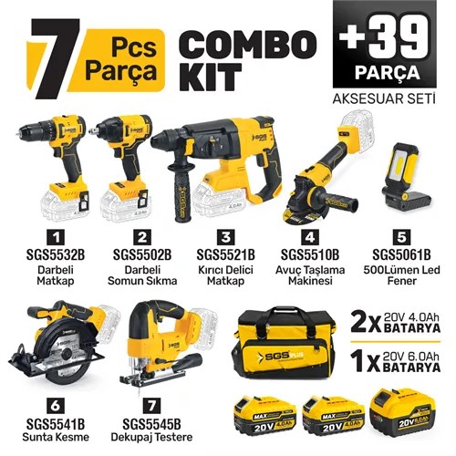 COMBO SET 7 PARÇA (Darbeli Matkap/Kırıcı-Delici Matkap/Darbeli Somun Sıkma/Avuç Taslama Makinesi/Sunta Kesme/Dekupaj Testere/Led Fener)