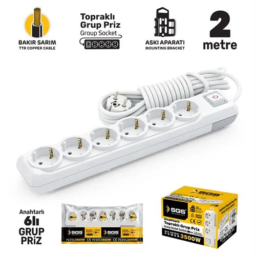 GRUP PRİZ TOPRAKLI ANAHTARLI ALTILI 2 METRE