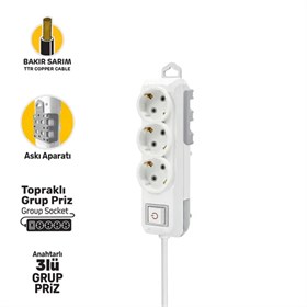 GRUP PRİZ TOPRAKLI ANAHTARLI ÜÇLÜ 2 METRE