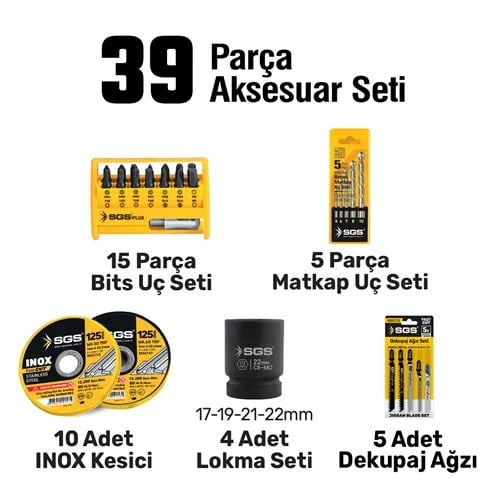 COMBO SET 7 PARÇA (Darbeli Matkap/Kırıcı-Delici Matkap/Darbeli Somun Sıkma/Avuç Taslama Makinesi/Sunta Kesme/Dekupaj Testere/Led Fener)