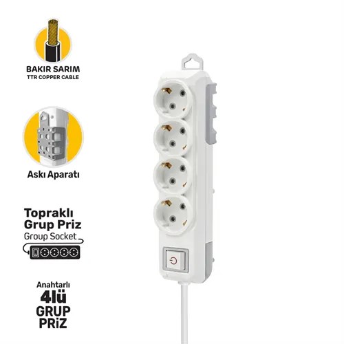 GRUP PRİZ TOPRAKLI ANAHTARLI DÖRTLÜ 5 METRE